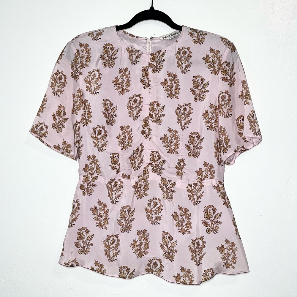 Acne Studios Taty Flower Ruched Peplum Blouse Pink Orange Floral Silk Top